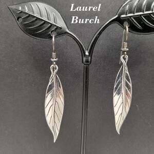 Vintage Laurel Burch Leaf Drop Earrings, Rhodium Plated Leaves